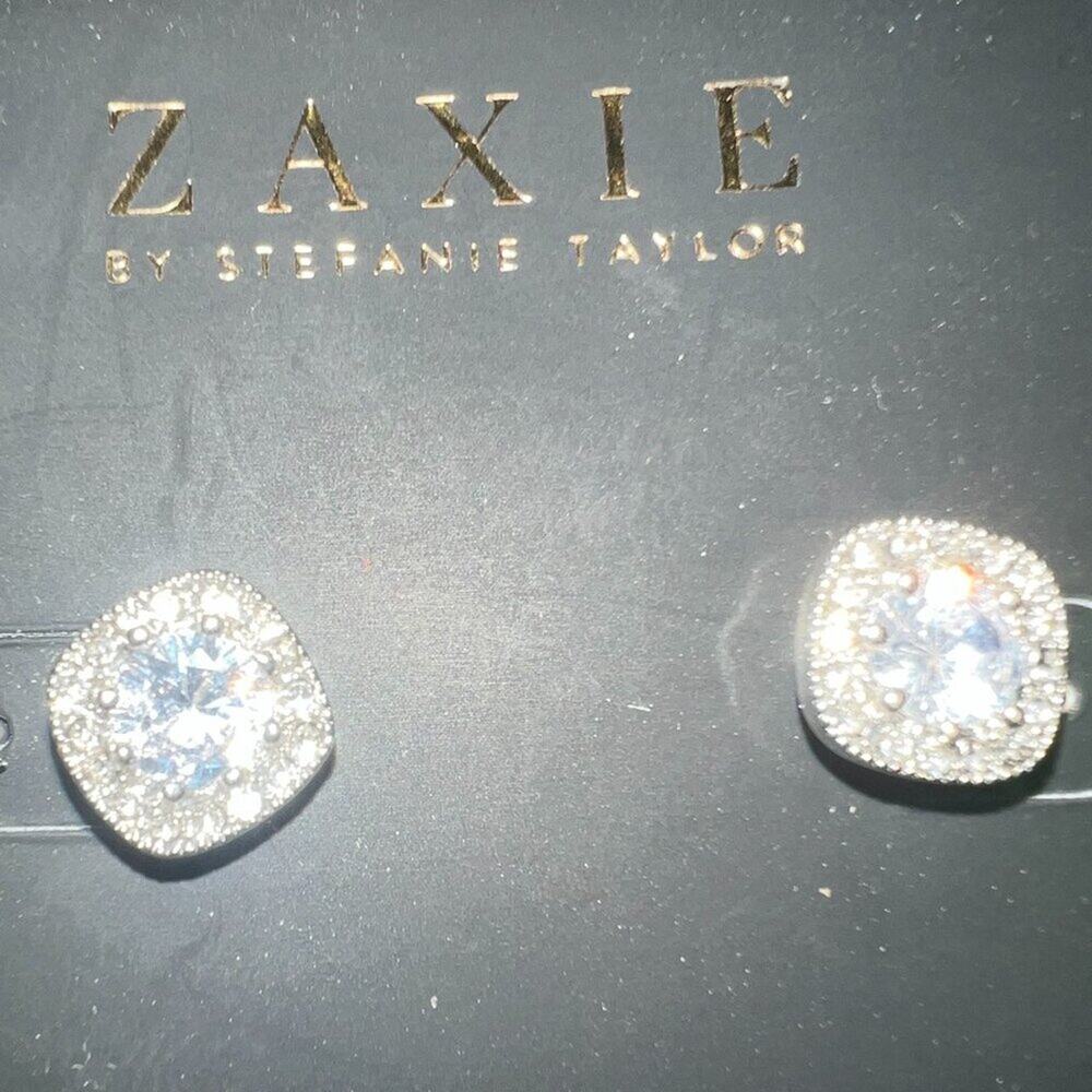Zaxie By Stephanie Taylor Cubic Zarconia Cushion Cut CZ Halo Stud Earrings NWT